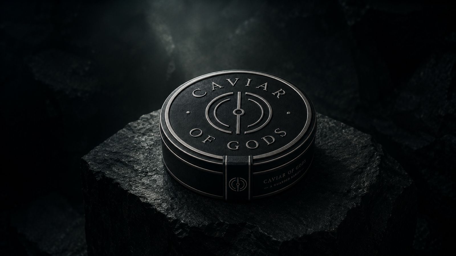 Caviar of Gods tin on a dark stone surface