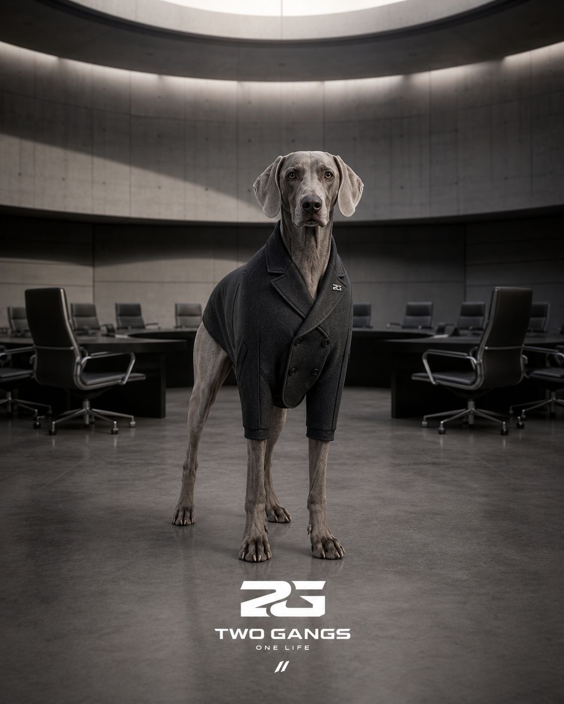 Dog ready-to-wear in an architectural boardroom